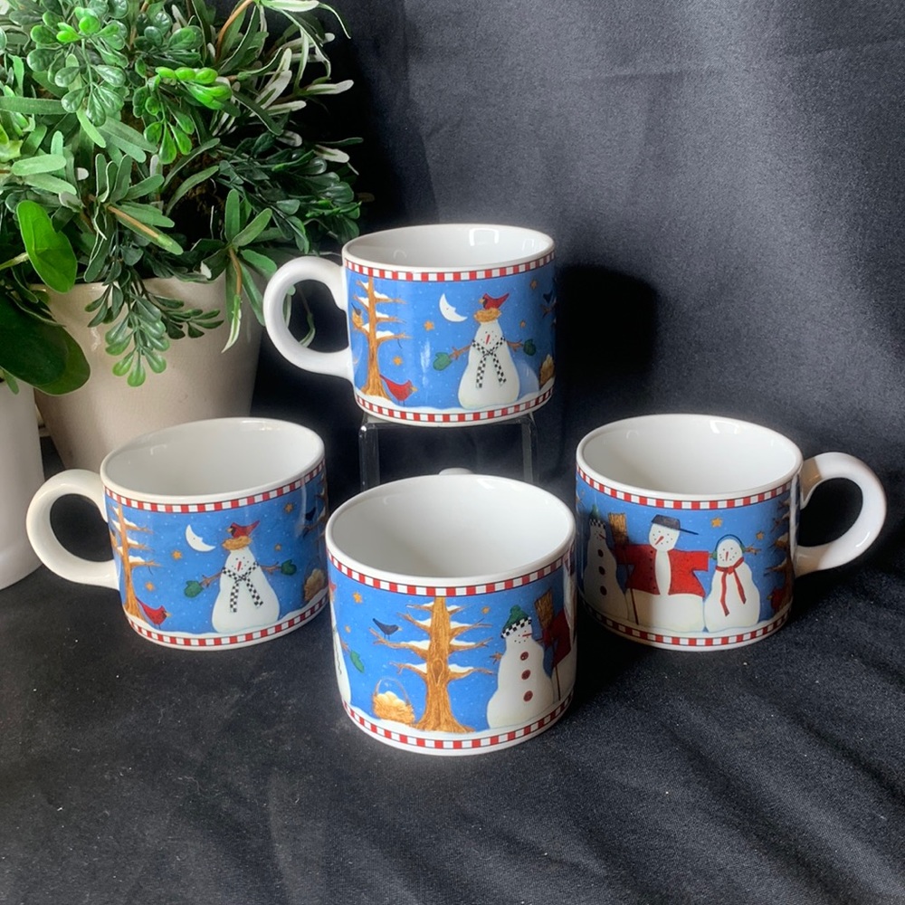 Set of 4 Vintage 1998 Debbie Mumm SNOWMAN mugs for Sakura